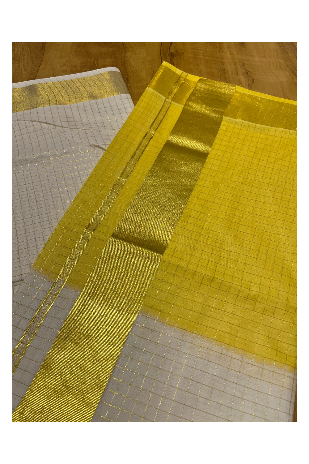 Southloom Cotton Tie & Dye - Half & Half Yellow Design Saree with Kasavu Checks Across Body