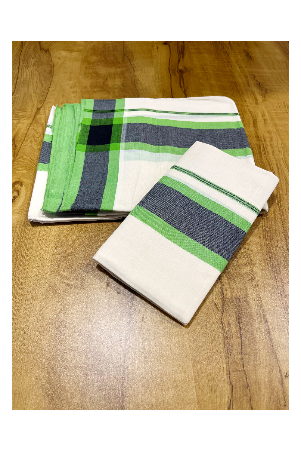 Pure Cotton Mundum Neriyathum Double (Set Mundu) with Green and Black Border