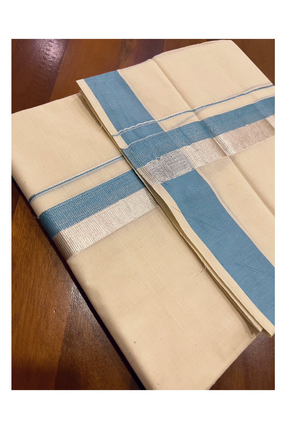 Kerala Cotton Double Mundu with Light Blue and Silver Kasavu Border (Onam Mundu 2023)