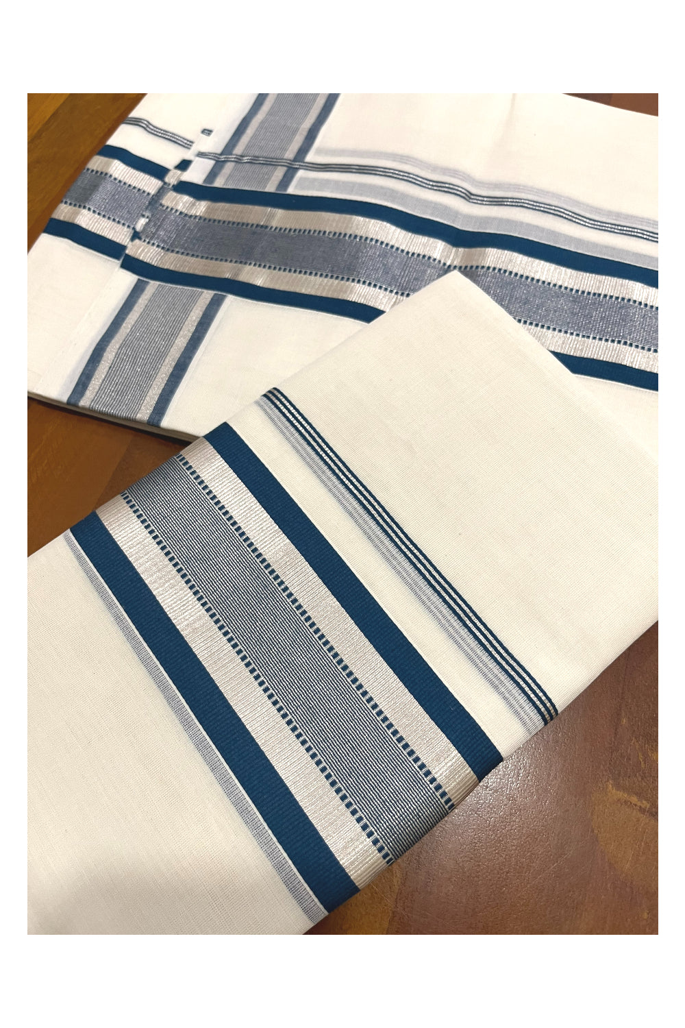 Pure Cotton Handloom Premium Kasavu Set Mundu (Mundum Neriyathum) with Blue and Silver Kasavu Border (Onam Set Mundu 2023)