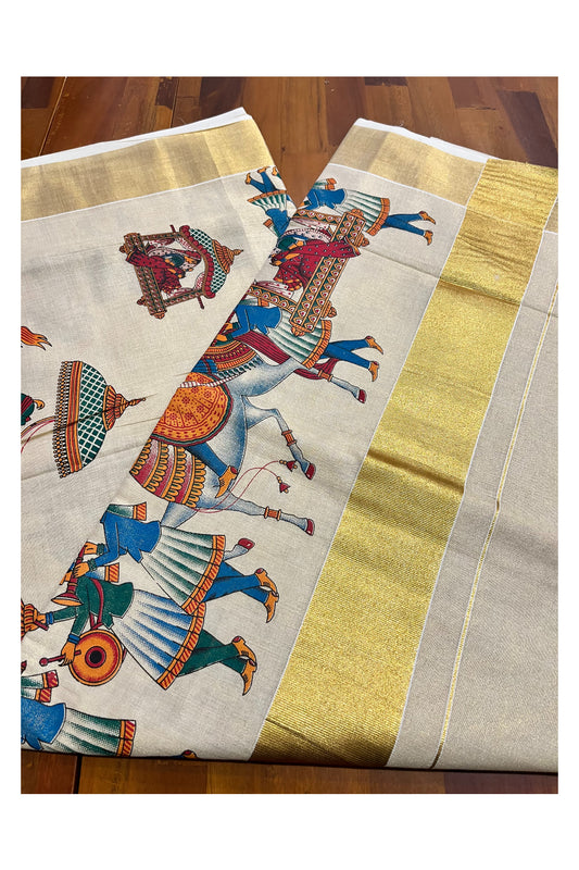 Kerala Tissue Kasavu Saree with Palanquin Block Printed Designs