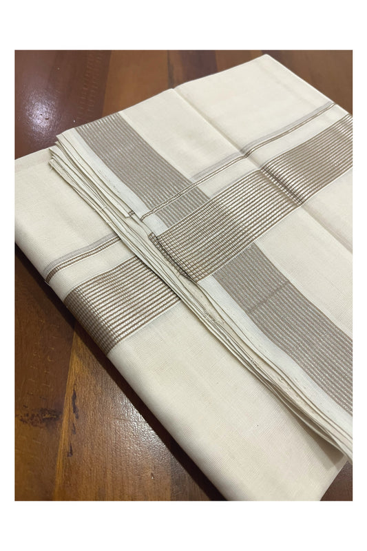 Southloom Premium Handloom Cotton Double Mundu with Silver Kasavu and Beige Lines Border (Onam Mundu 2023)