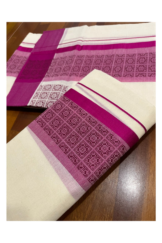 Southloom Pure Cotton Kerala Single Set Mundu with Magenta Block Prints (Onam Set Mundu 2023)