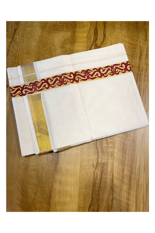 Southloom Kasavu Double Mundu with Maroon Tribal / Retro Design Print on Kasavu Kara