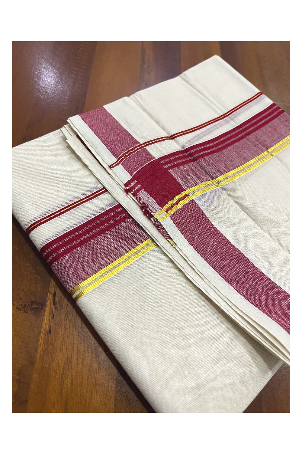 Pure Cotton Kerala Double Mundu with Maroon and Kasavu Kara (South Indian Kerala Dhoti)