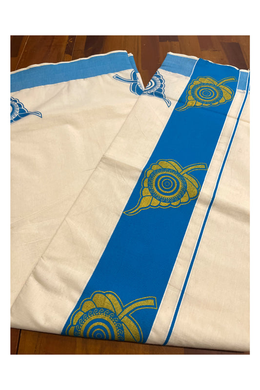 Pure Cotton Kerala Saree with Golden Block Prints on Blue Border and Pallu