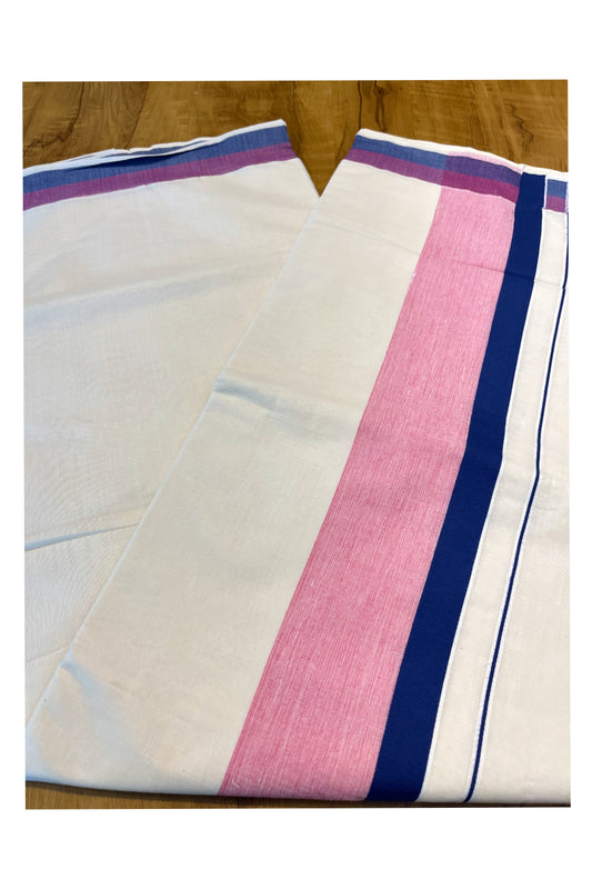 Pure Cotton Off White Kerala Saree with Dark Blue Pink Shaded Border