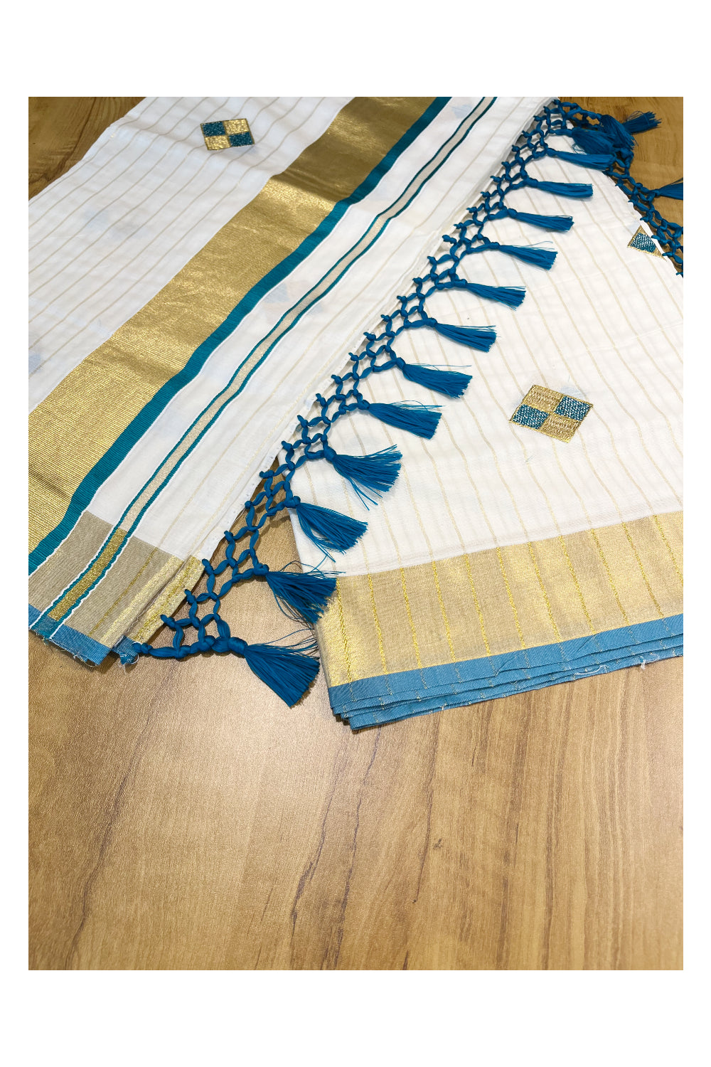 Kerala Cotton Kasavu Lines Saree with Peacock Green and Golden Diagonal Embroidery Work