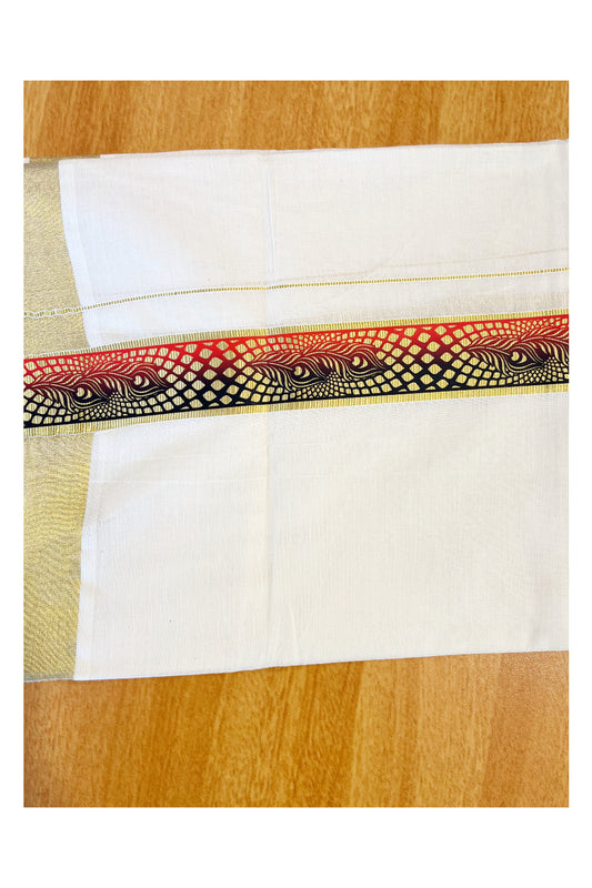 Southloom Pure Cotton Off White Double Mundu with Mural Printed Design Along Kasavu Kara