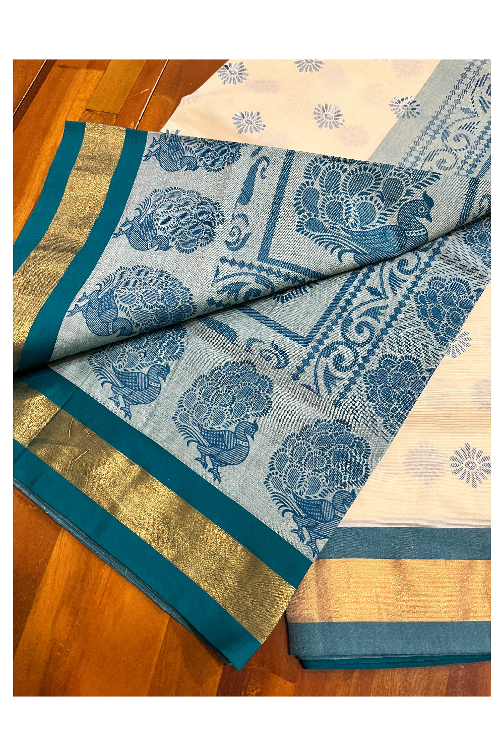 Pure Cotton Kerala Saree with Teal Blue Block Printns and Kasavu Border (Vishu 2024 Collection)