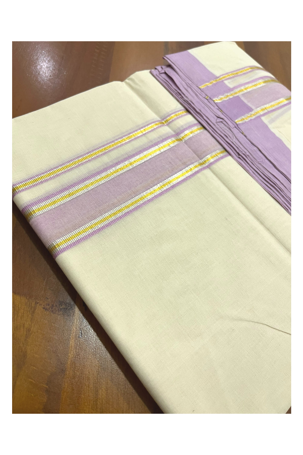 Pure Cotton 100x100 Double Mundu with Silver Golden Kasavu and Lavender Kara (Onam Mundu 2023)