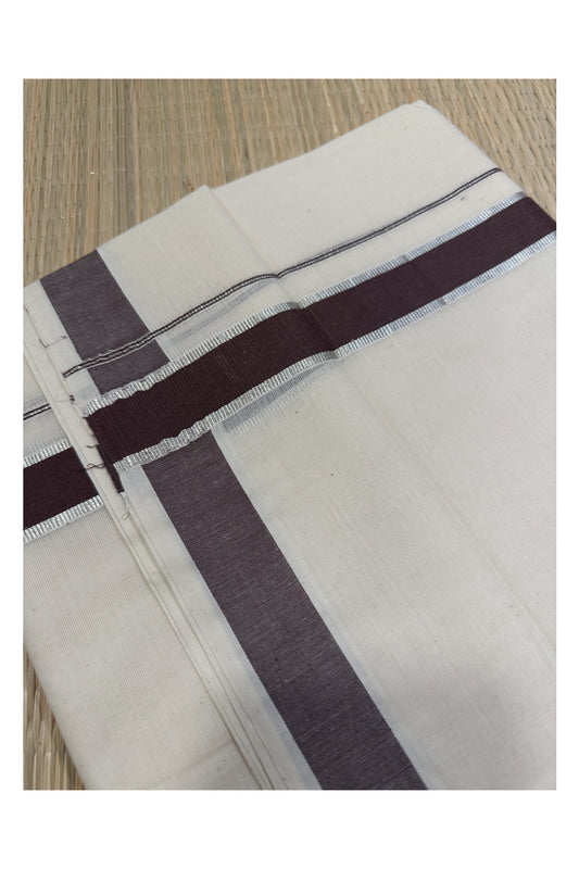 Off White Kerala Double Mundu with Silver Kasavu and Brown Kara (South Indian Kerala Dhoti)