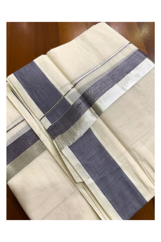 Kerala Pure Cotton Off White Double Mundu with Silver Kasavu And Blue Kara (South Indian Kerala Dhoti)