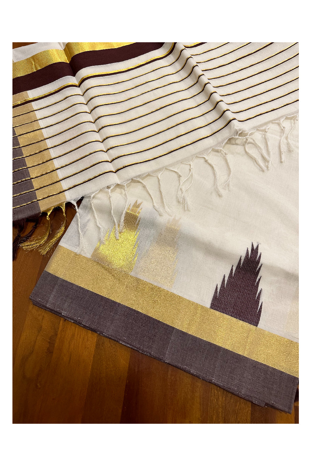 Southloom Premium Handloom Cotton Kerala Saree with Kasavu and Brown Temple Works (Onam Saree 2023)