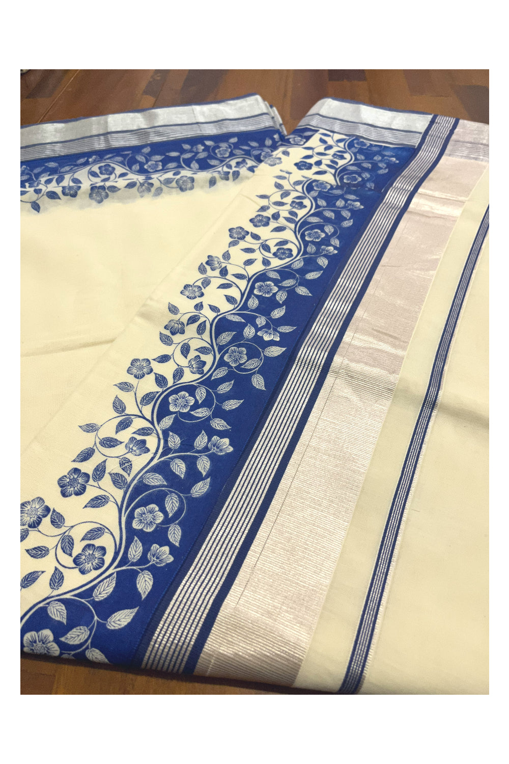 Kerala Cotton Saree with Blue Floral Block Prints and Silver Kasavu Border (Onam Saree 2023)