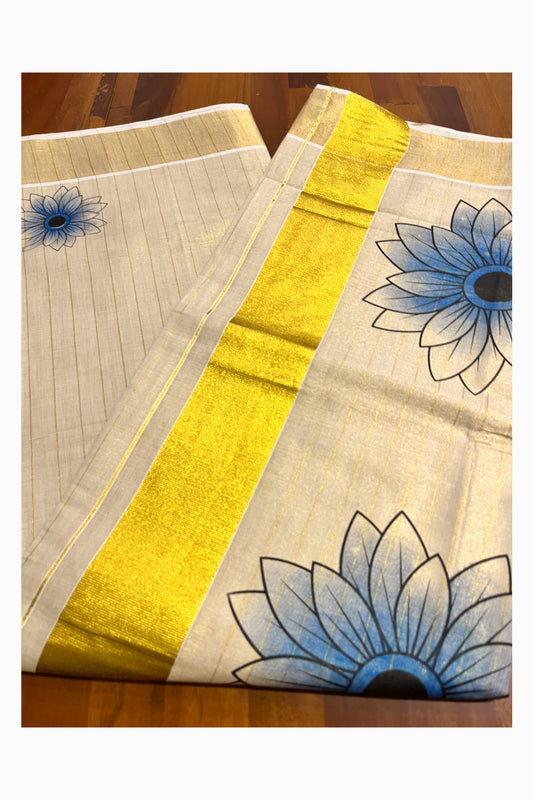 Kerala Tissue Kasavu Lines Design Saree with Blue Floral Prints on Body (Vishu 2024 Collection)