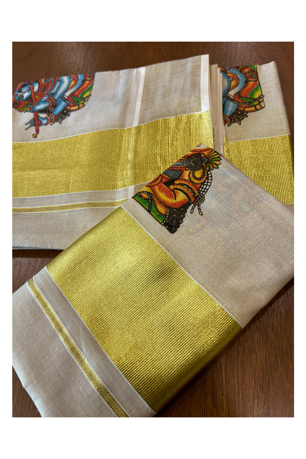 Kerala Tissue Kasavu Set Mundu (Mundum Neriyathum) with Krishna Radha Mural Printed Design