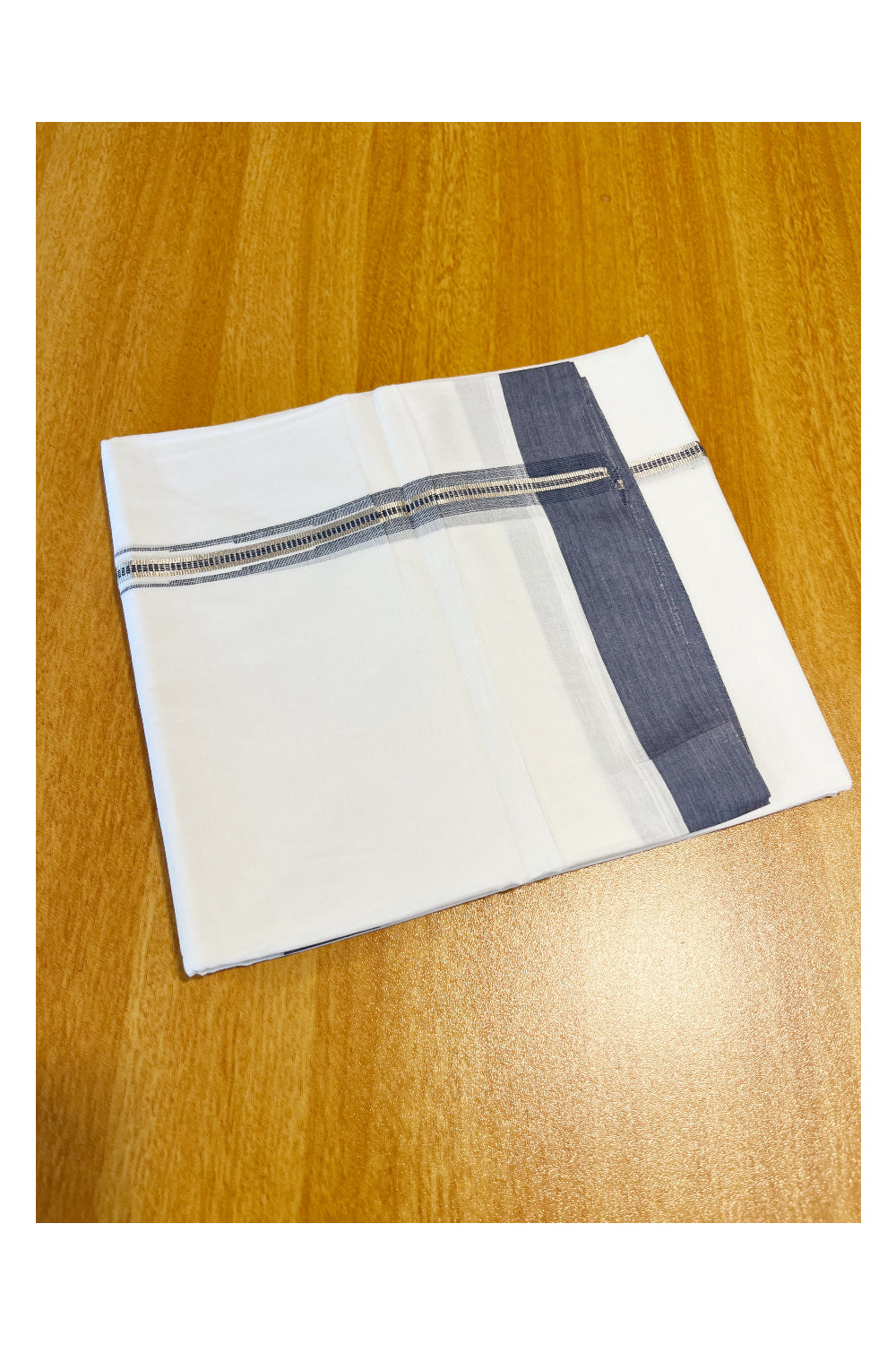 Pure White Cotton Double Mundu with Silver Grey Chutti Border (South Indian Kerala Dhoti)