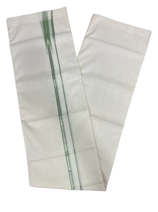 Southloom Premium Handloom Cotton Double Mundu with Green And Silver Line Border