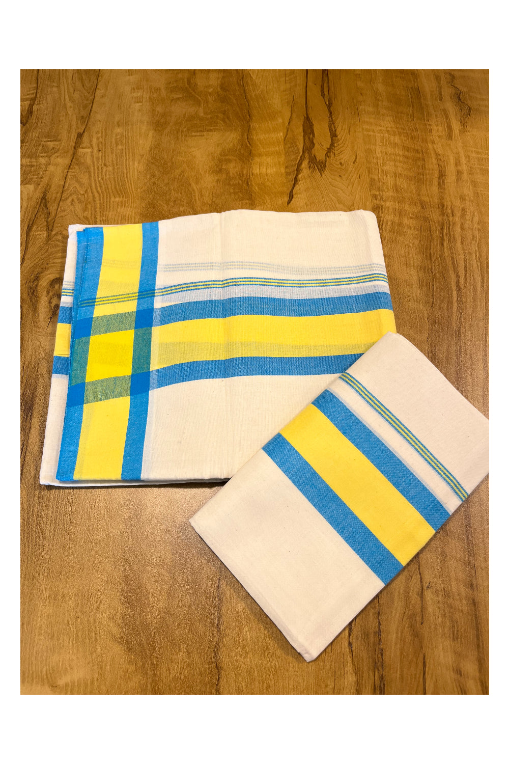 Pure Cotton Mundum Neriyathum Double (Set Mundu) with Blue And Yellow Border