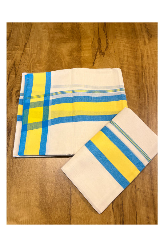 Pure Cotton Mundum Neriyathum Double (Set Mundu) with Blue And Yellow Border