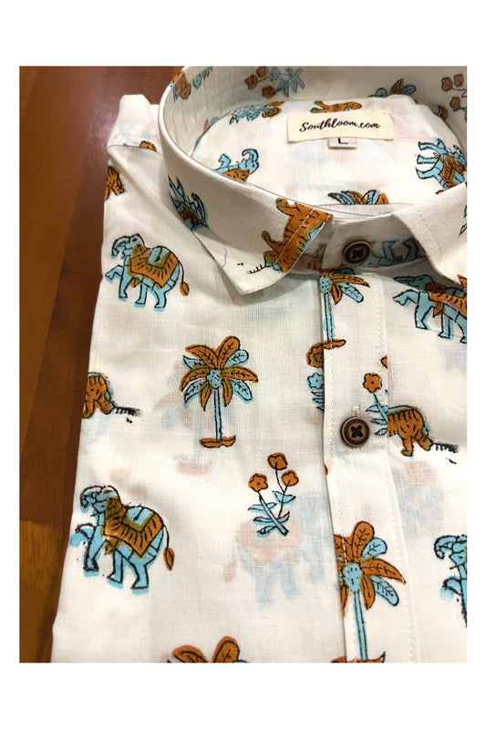 Southloom Jaipur Cotton White Shirt with Elephant Hand Block Printed Design (Full Sleeves)