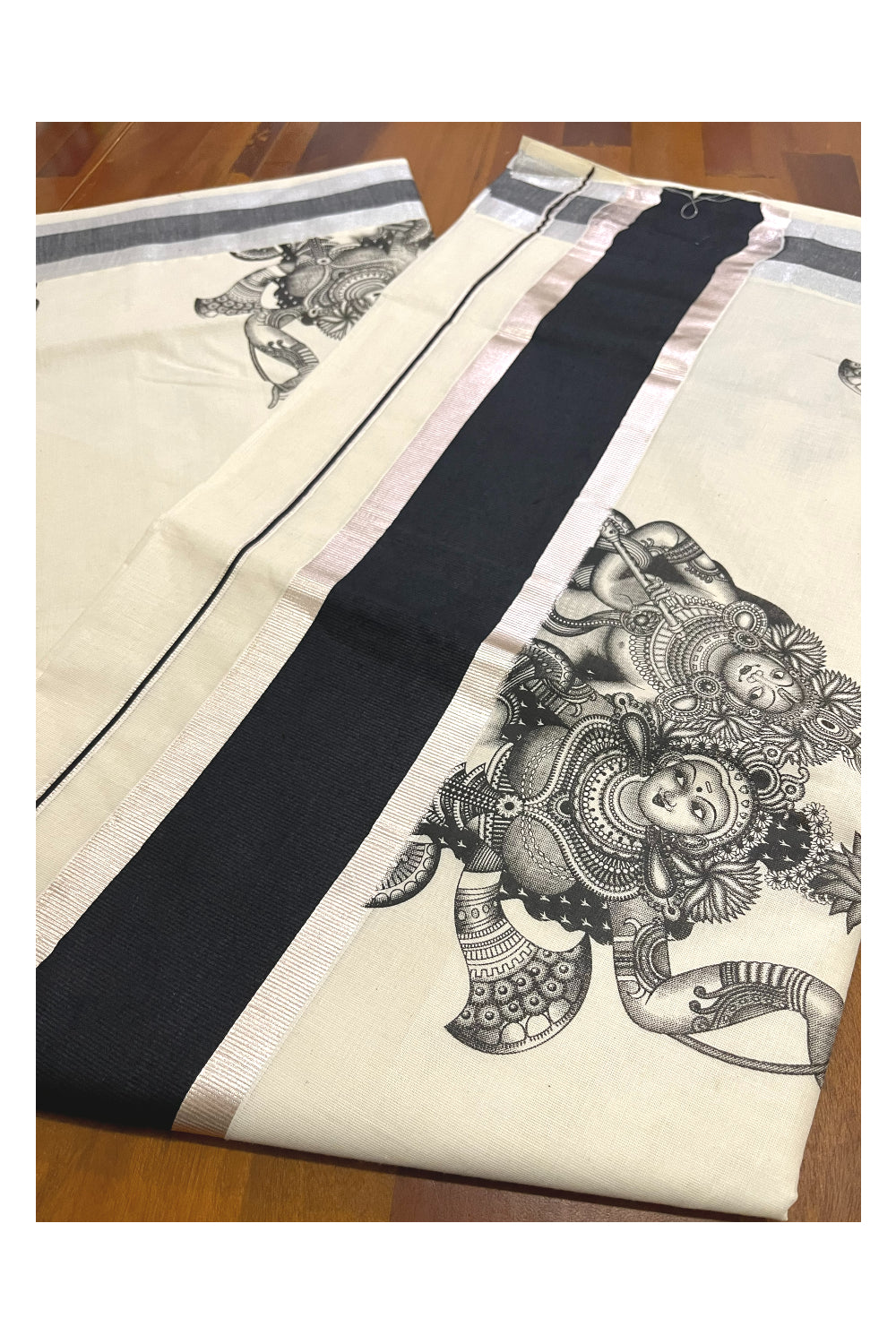 Pure Cotton Kerala Silver Kasavu Saree with Krishna Radha Mural Prints and Black Border (Onam Saree 2023)