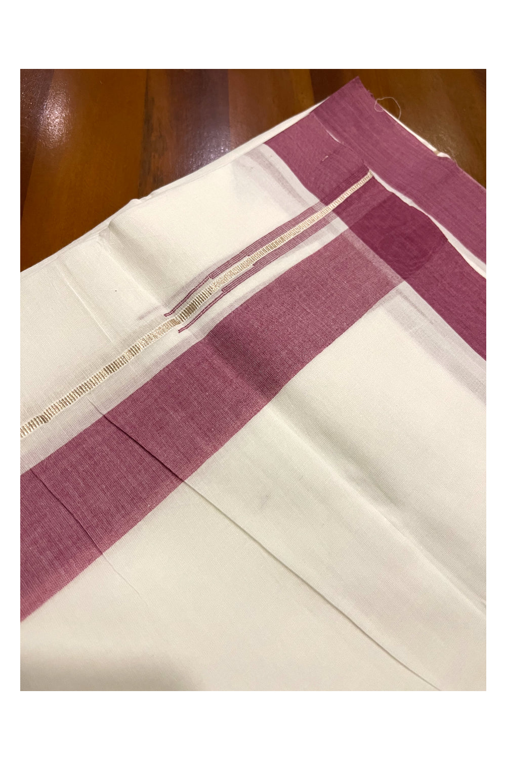 Pure White Cotton Double Mundu with Silver Kasavu and Red Chutti Border (South Indian Kerala Dhoti)