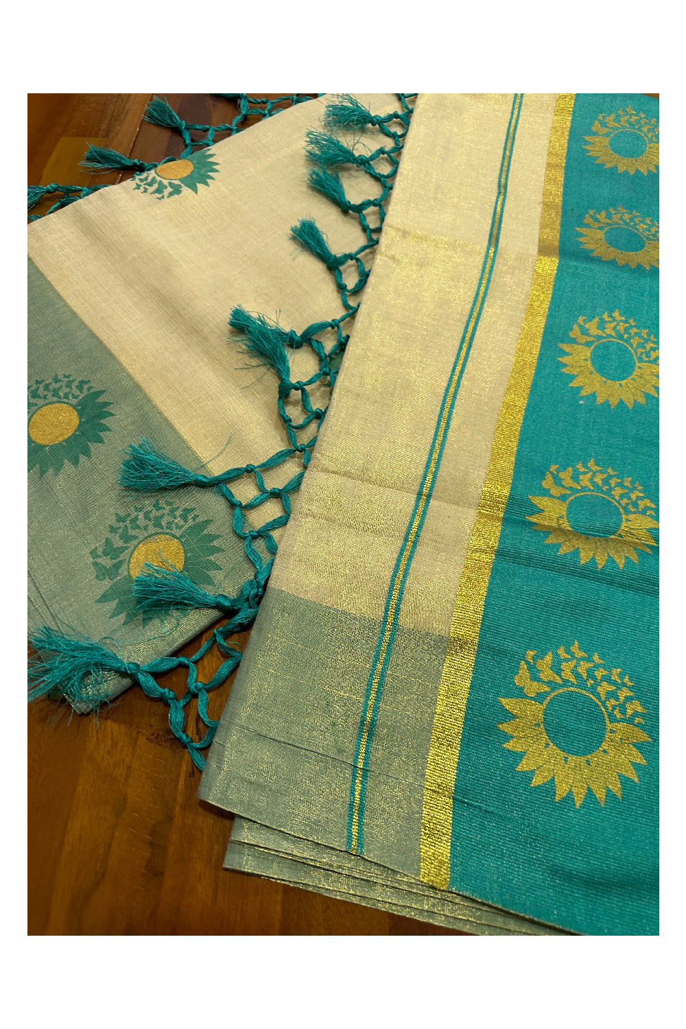 Kerala Tissue Kasavu Saree with Turquoise and Golden Block Prints on Border (Onam Saree 2023)