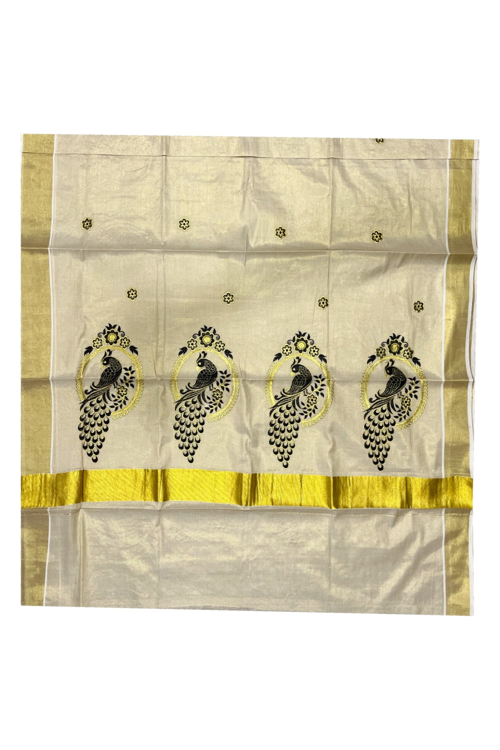 Kerala Tissue Black and Golden Peacock Embroidery Work Kasavu Saree (Vishu 2024 Collection)