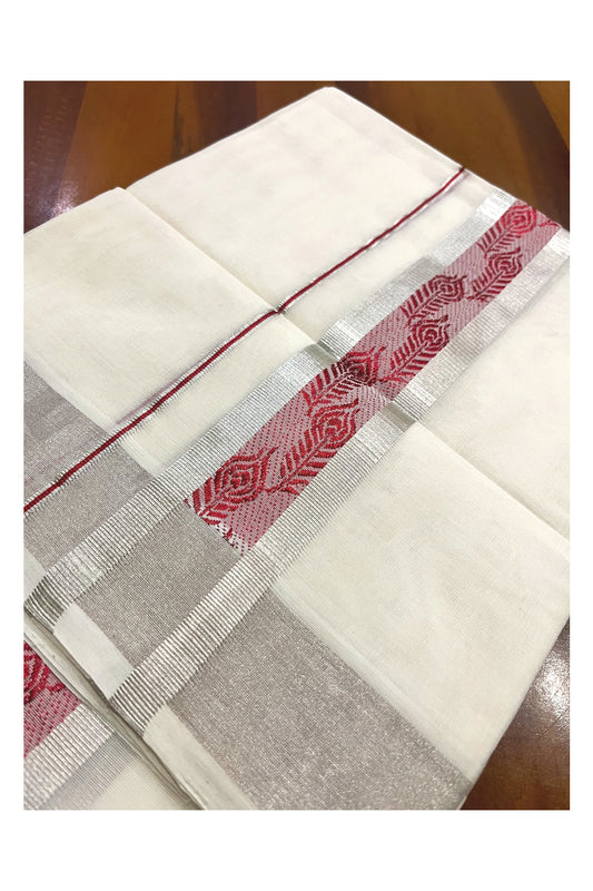 Southloom Premium Wedding Handloom Cotton Mundu with Maroon and Silver Kasavu Woven Border (South Indian Kerala Dhoti)