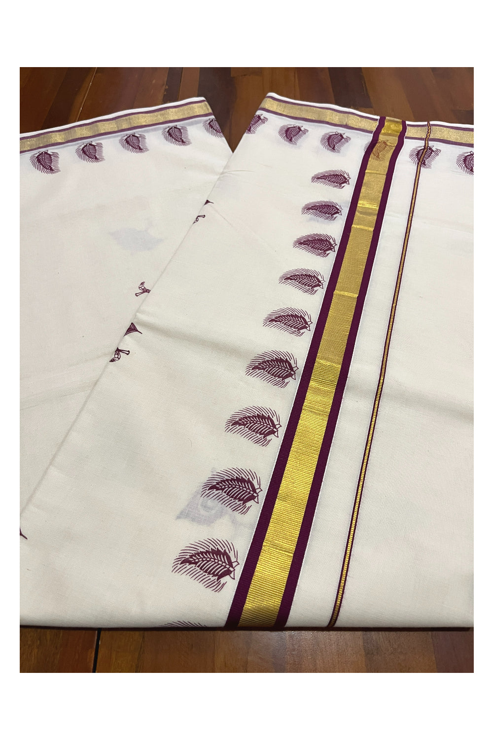 Pure Cotton Kerala Kasavu Saree with Purple Feather Block Printed Design