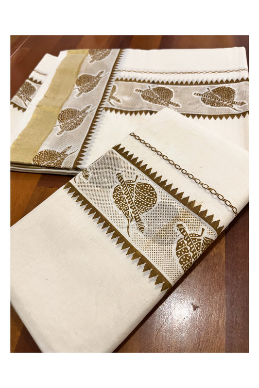 Kerala Pure Cotton Single Set Mundu with Brown Leaf and Flute Block Printed Border