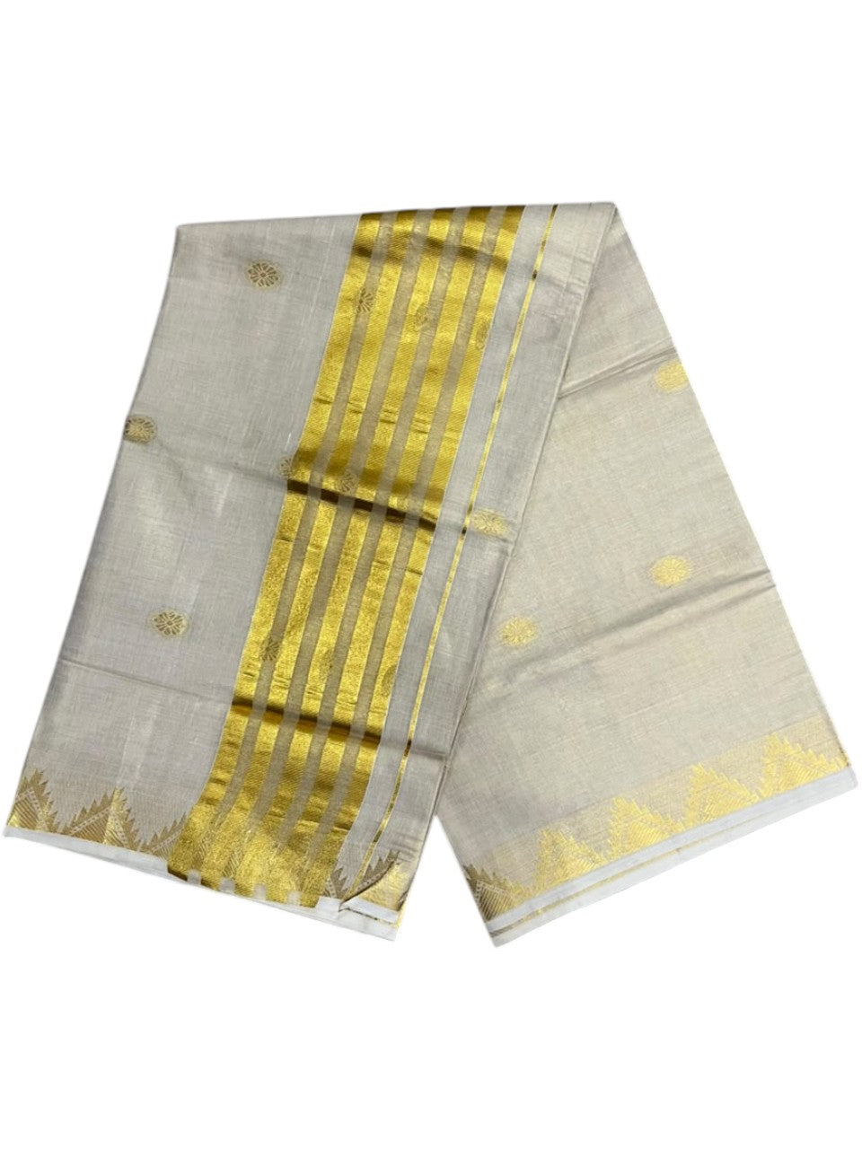 Southloom Tissue Kerala Kasavu Saree with Woven Work on Body and Temple Border