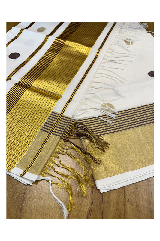 Southloom Premium Handloom Cotton Kasavu Saree with Golden and Brown Polka Design