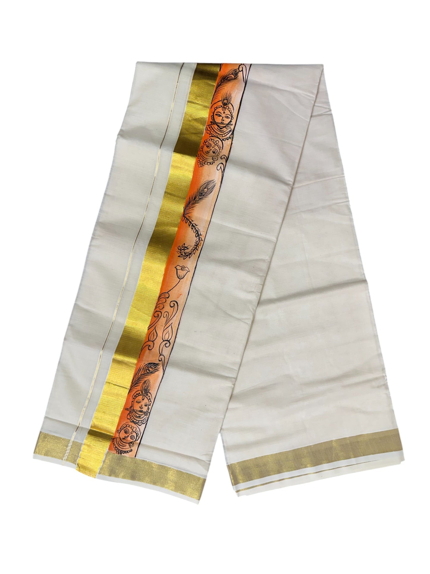 Kerala Pure Cotton Double Mundu with Hand Painted Designs on Kasavu Border(South Indian Kerala Dhoti)