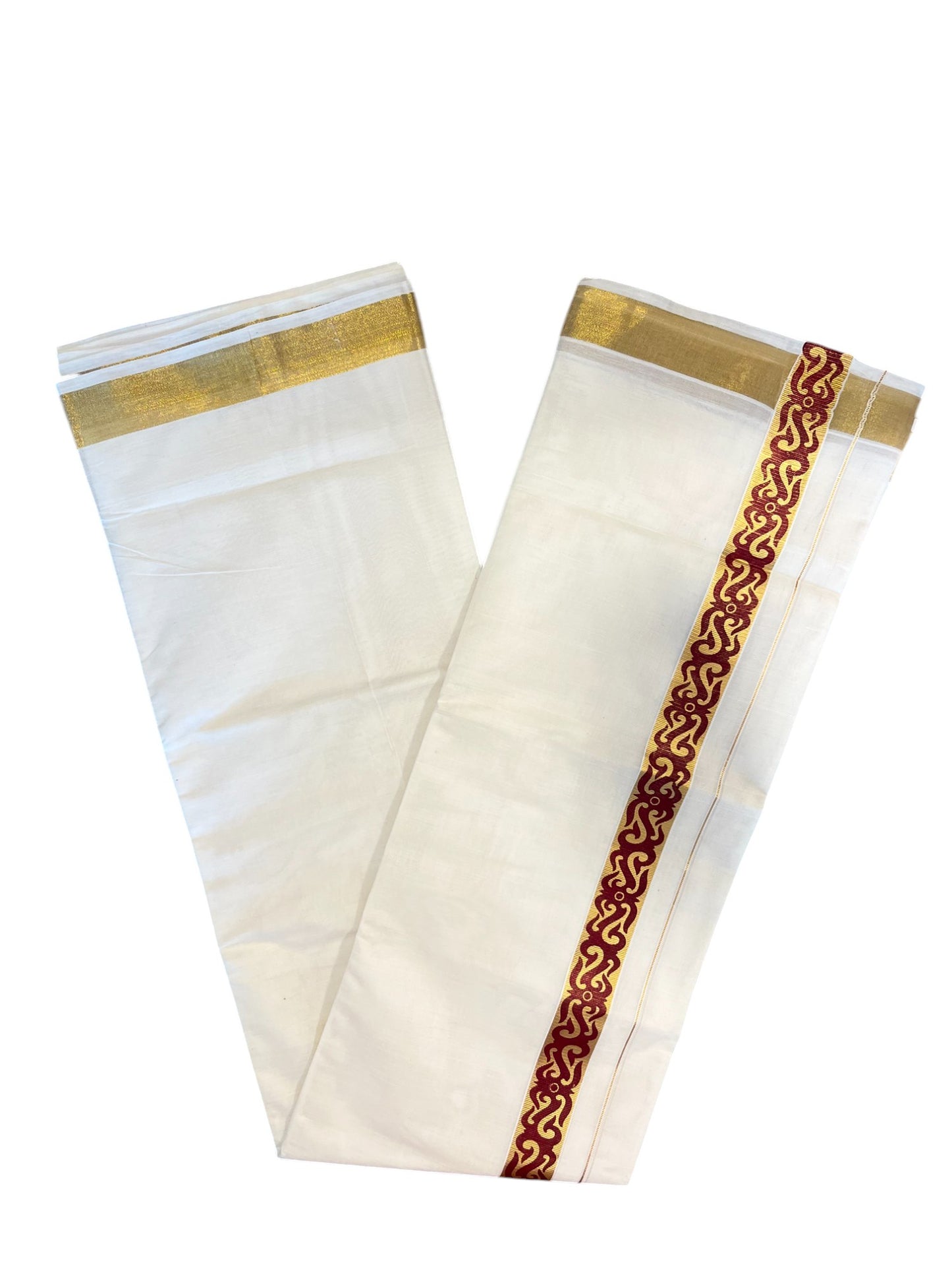 Southloom Kasavu Double Mundu with Maroon Tribal / Retro Design Print on Kasavu Kara