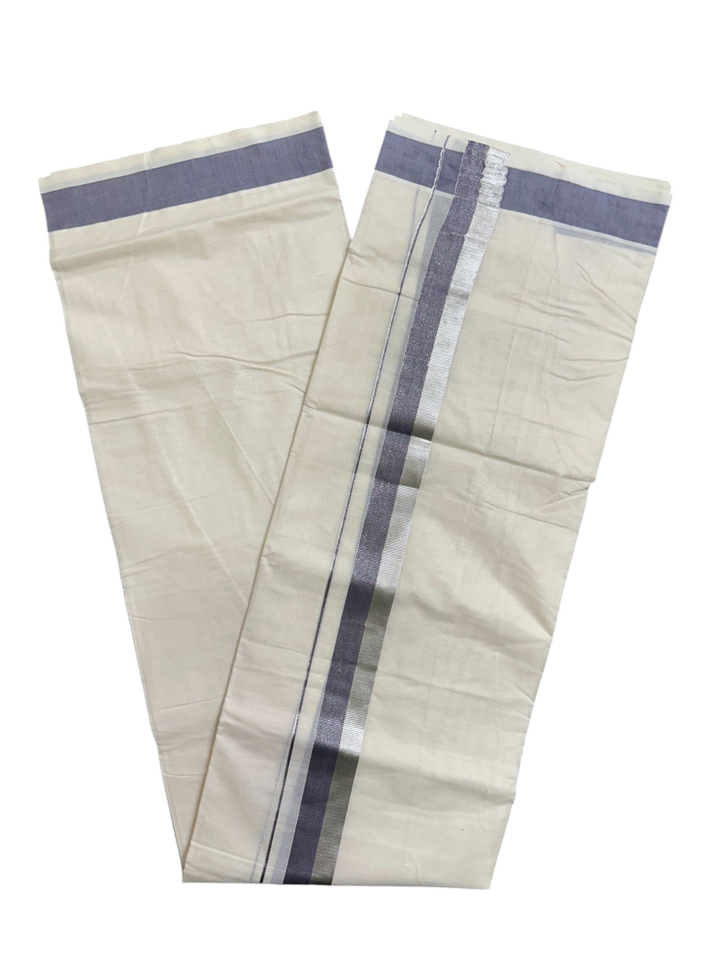 Kerala Pure Cotton Off White Double Mundu with Silver Kasavu And Blue Kara (South Indian Kerala Dhoti)