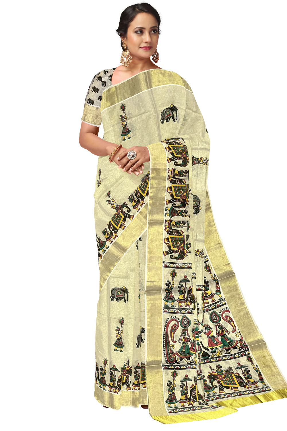 Kerala Tissue Kasavu Saree With Mural Festival Parasol and Elephant Design