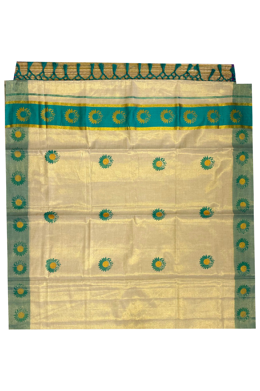 Kerala Tissue Kasavu Saree with Turquoise and Golden Block Prints on Border (Onam Saree 2023)