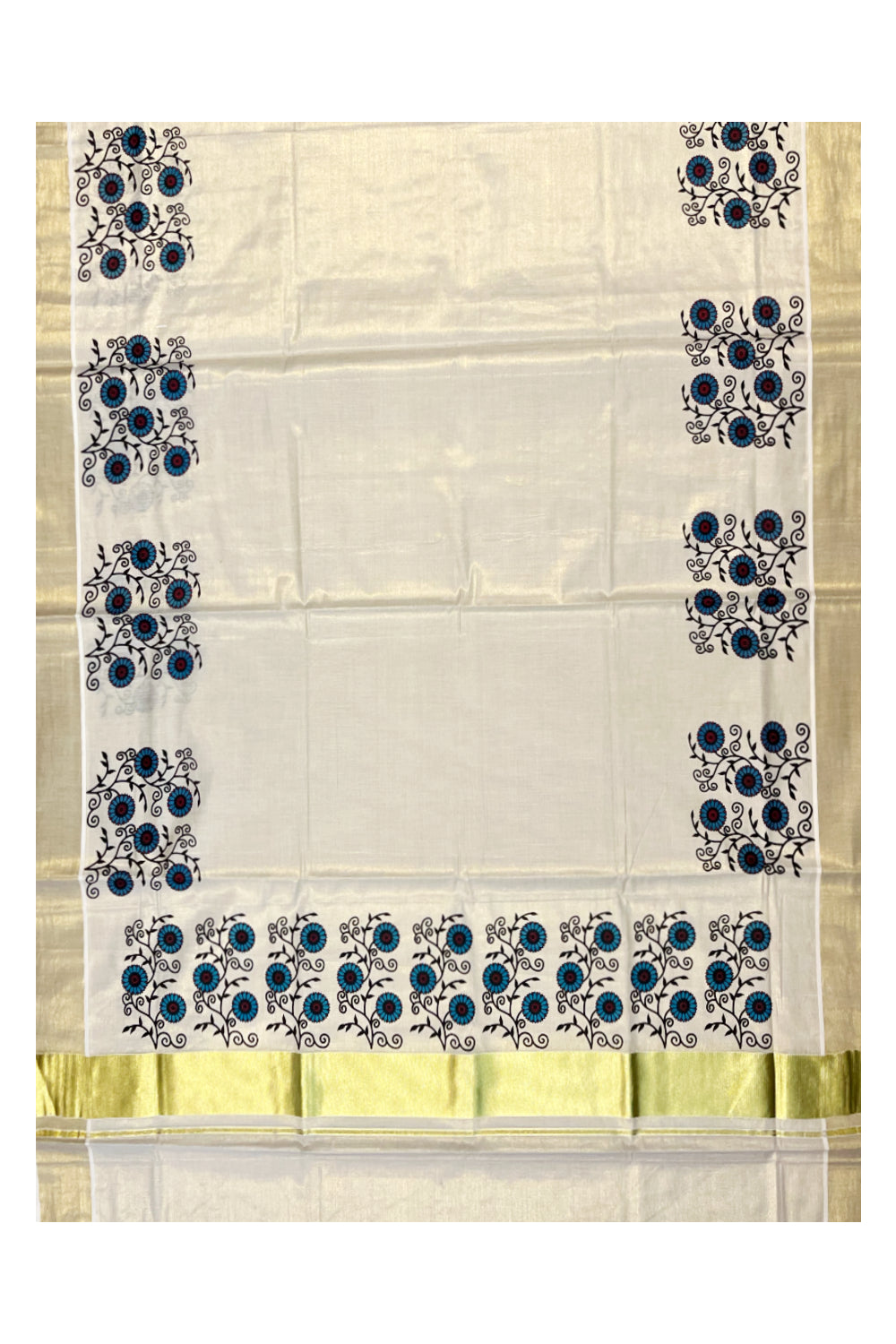 Kerala Tissue Kasavu Saree with Blue And Black Floral Prints On Border