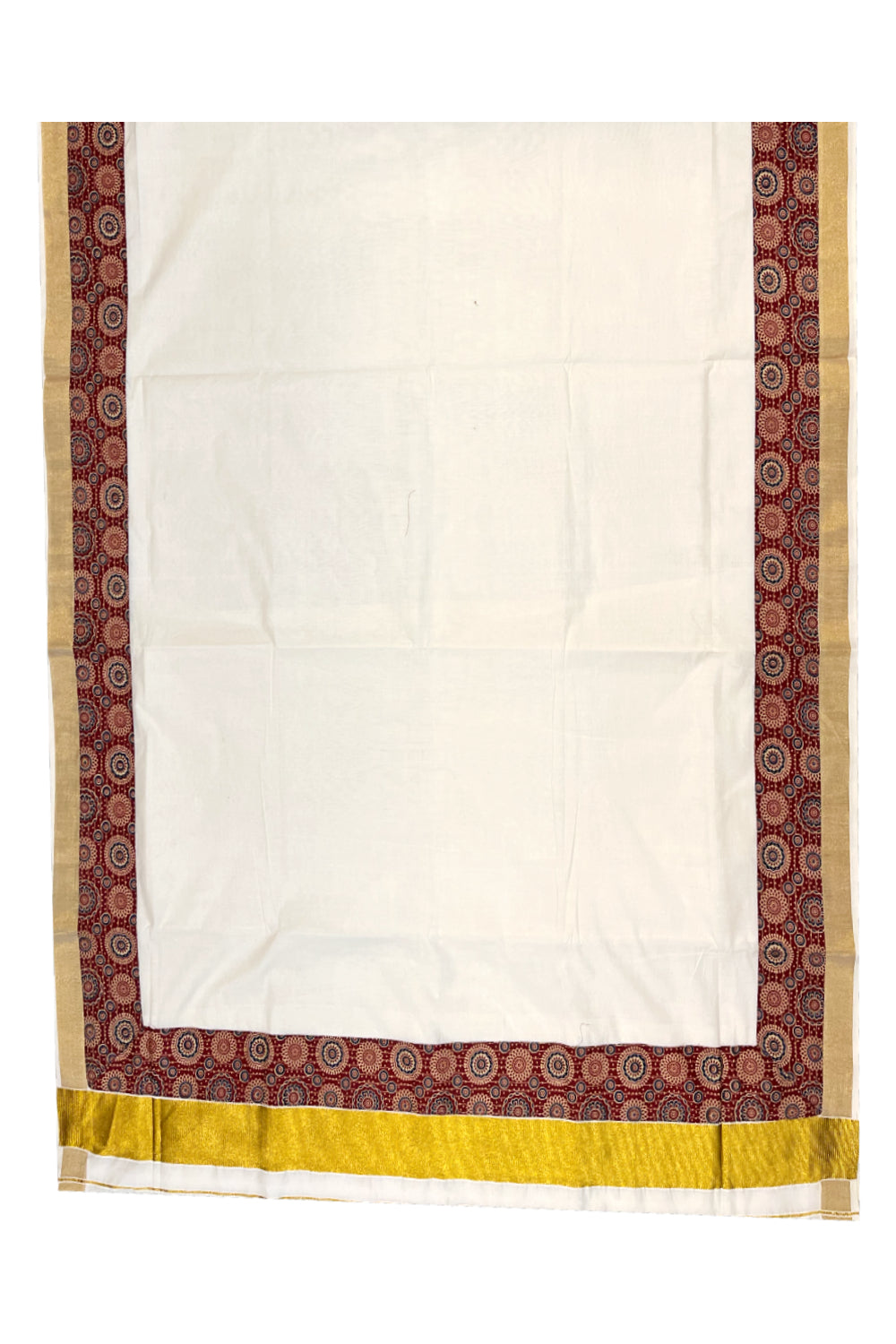 Kerala Pure Cotton Kasavu Saree with Ajrakh Stitched Borders and Matching Blouse Piece