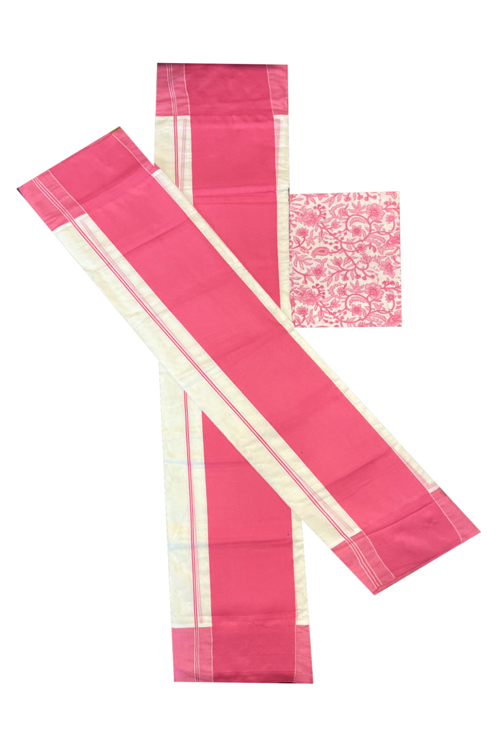 Kerala Pure Cotton Single Set Mundu (Mundum Neriyathum) with 5 inch Pink Border And Blouse Piece (2.80 Mtrs)