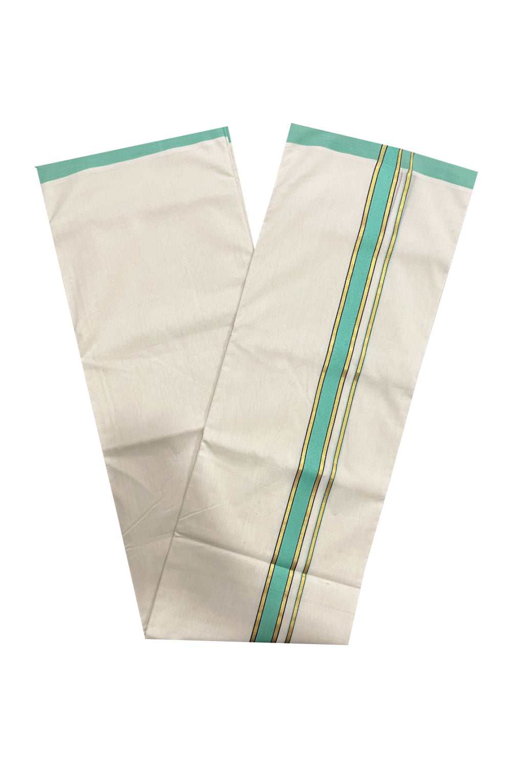 Southloom Premium Balaramapuram Unakkupaavu Handloom Mundu with Light Green and Kasavu Border (South Indian Kerala Dhoti)