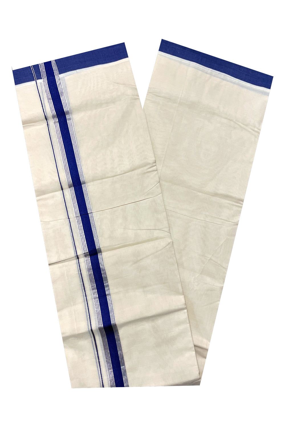 Pure Cotton Off White Double Mundu with Silver Kasavu and Blue Border (South Indian Kerala Dhoti)