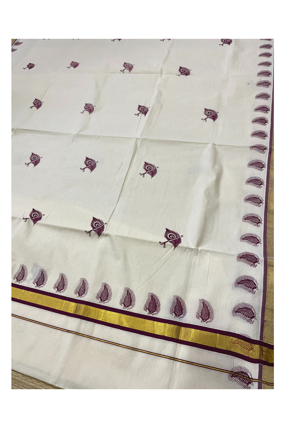 Pure Cotton Kerala Kasavu Saree with Purple Feather Block Printed Design