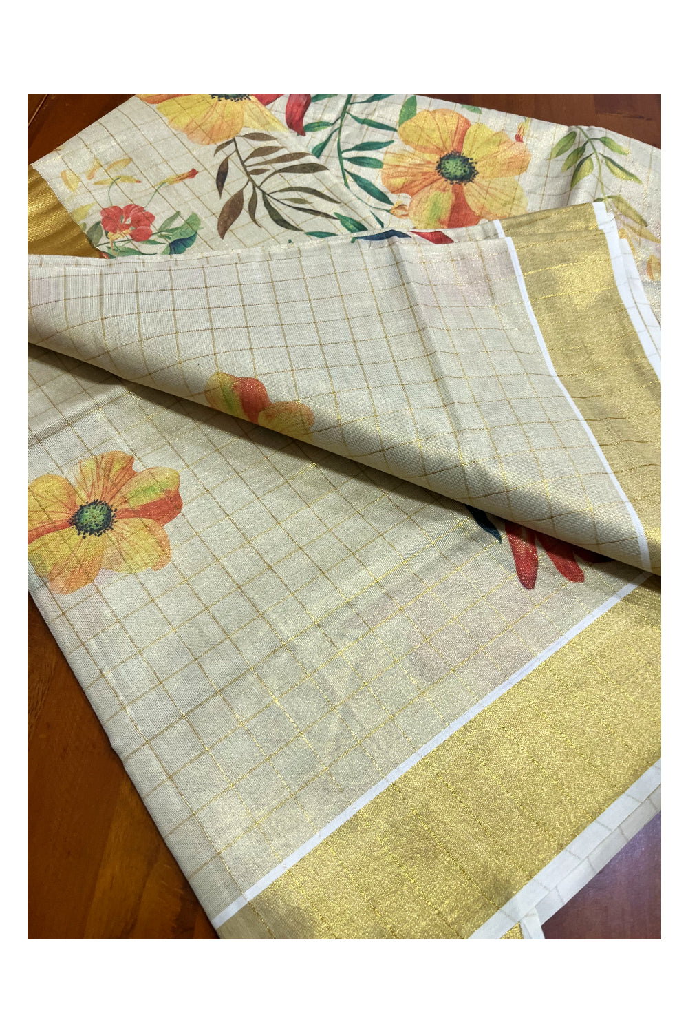 Kerala Tissue Kasavu Check Design Saree with Yellow And Pink Floral Prints on Body (Vishu 2024 Collection)