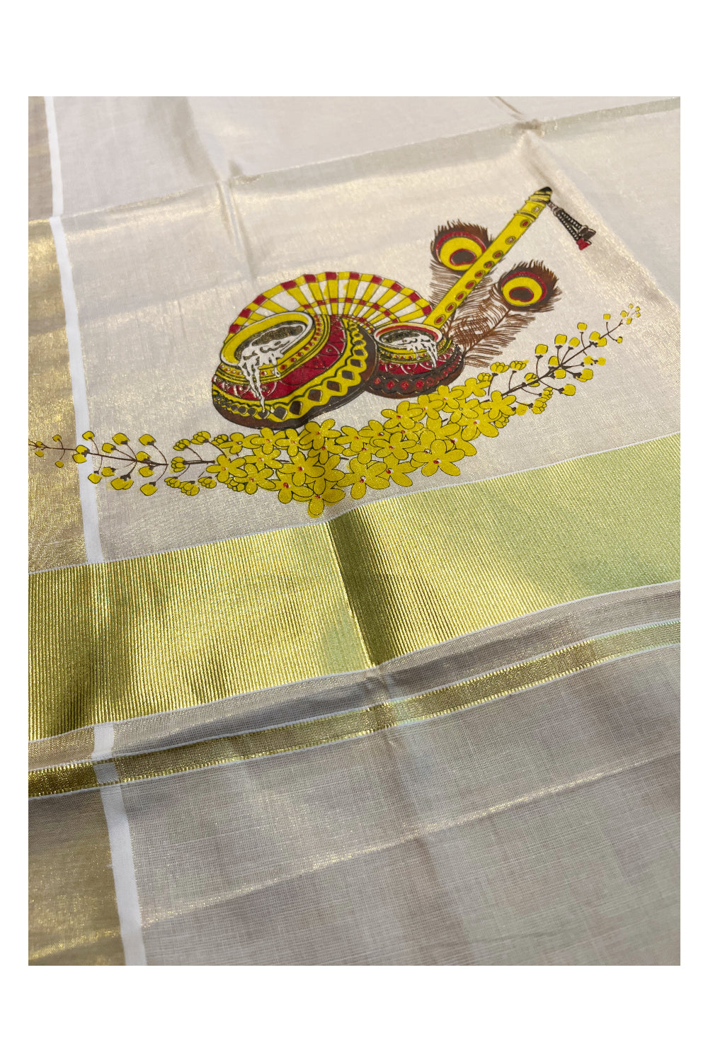 Kerala Tissue Kasavu Saree with Peacock Feather and Flute Mural Printed Designs