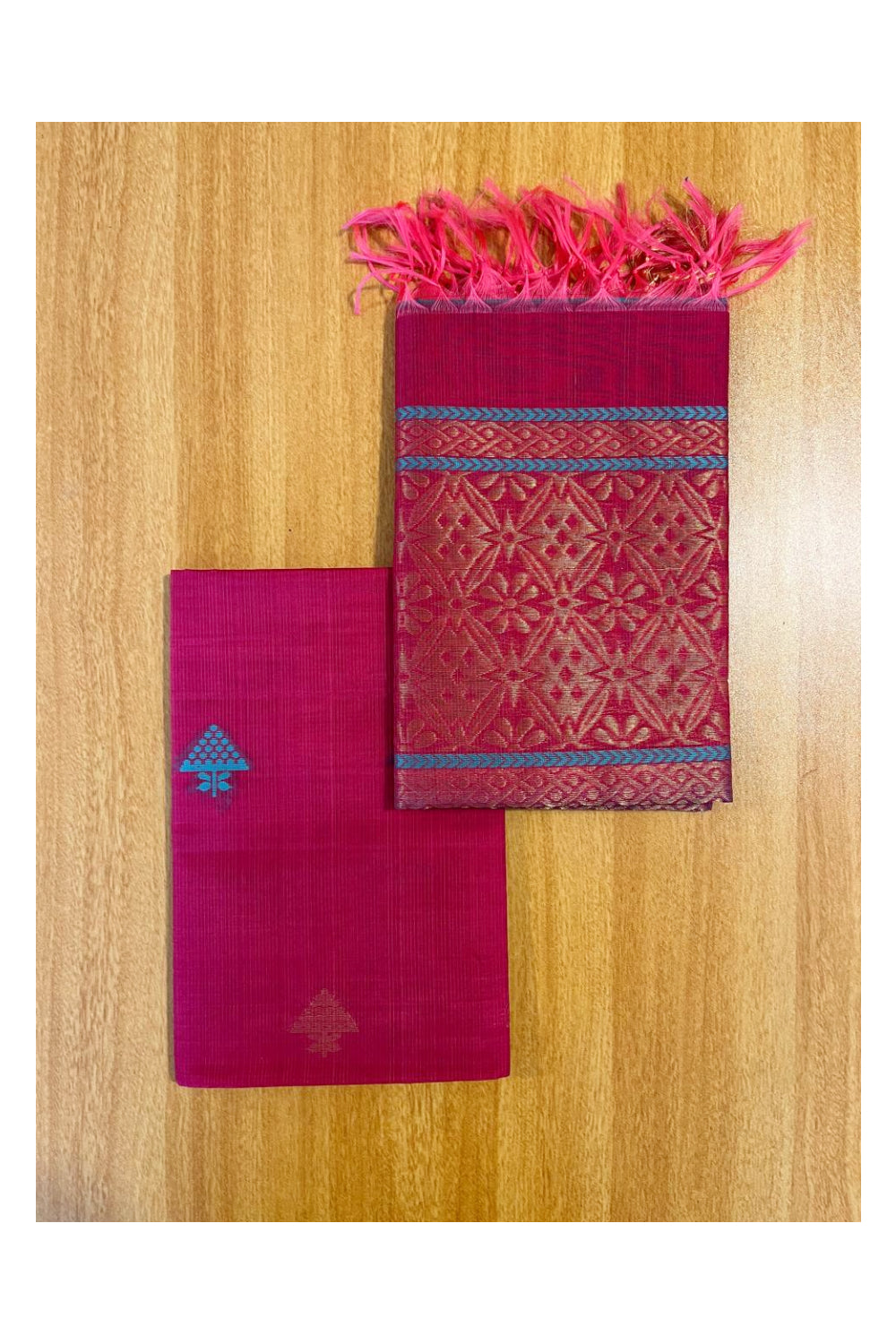 Southloom™ Original Handloom Cotton Pure Silk 3 Piece Green and Pink Salwar Material with Woven Zari Butta Work