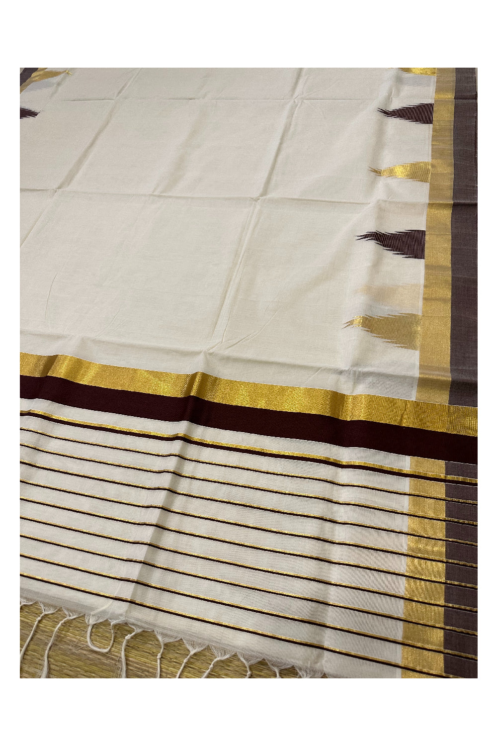 Southloom Premium Handloom Cotton Kerala Saree with Kasavu and Brown Temple Works (Onam Saree 2023)